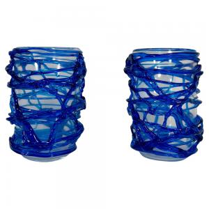 Coppia di Vasi in Vetro di Murano Blu Cobalto, Firmati Cenedese